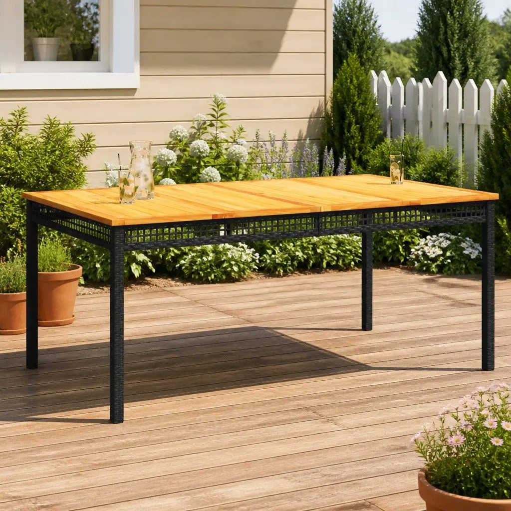 Garden Table Outdoor Furniture Black Poly Rattan Acacia Wood 180 x 90 x 75 cm