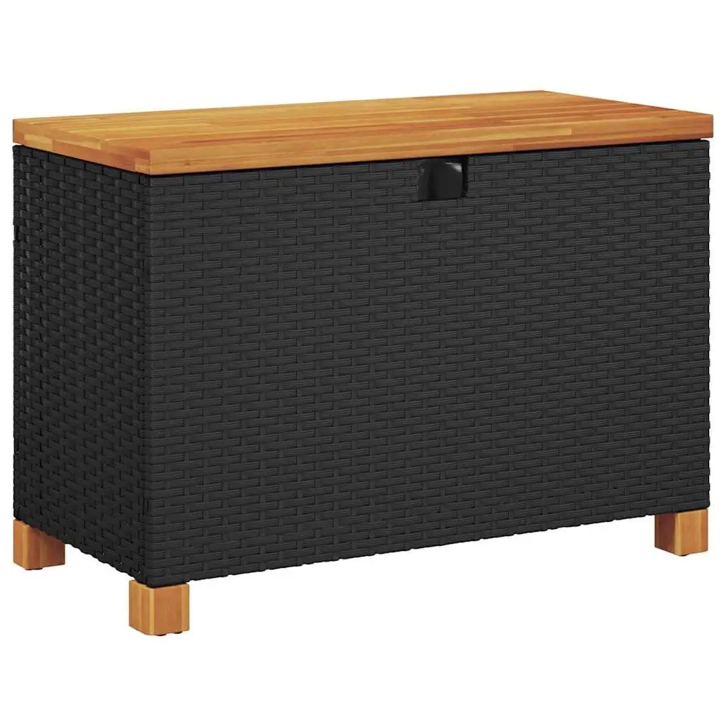 Garden Storage Box Black Dual Purpose 80x40x48cm PE Rattan Acacia Wood Top
