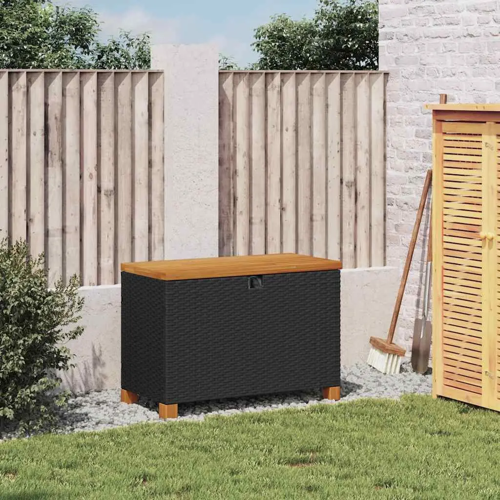 Garden Storage Box Black Dual Purpose 80x40x48cm PE Rattan Acacia Wood Top