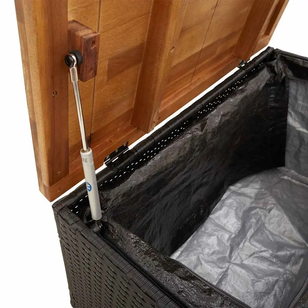 Garden Storage Box Black Dual Purpose 80x40x48cm PE Rattan Acacia Wood Top