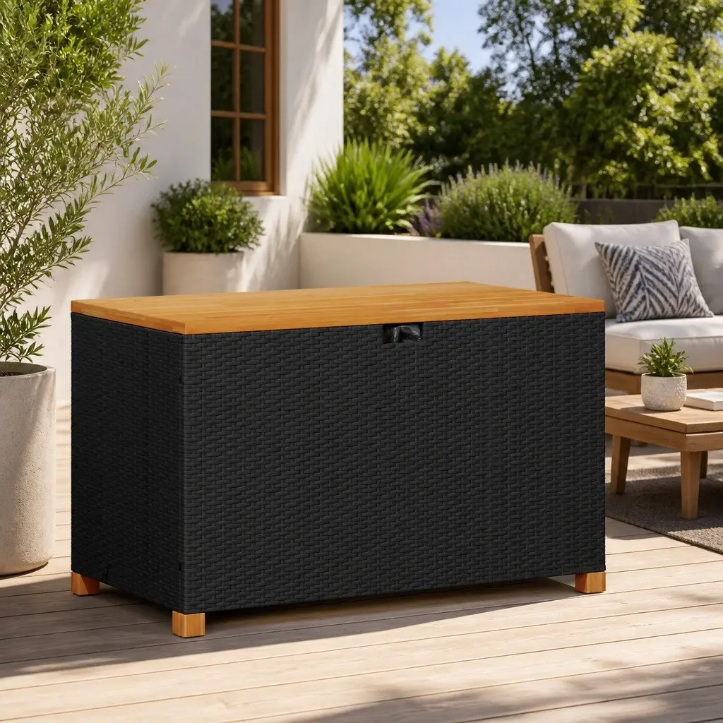 Garden Storage Box Outdoor Bench Black Poly Rattan Acacia Wood Seat Patio