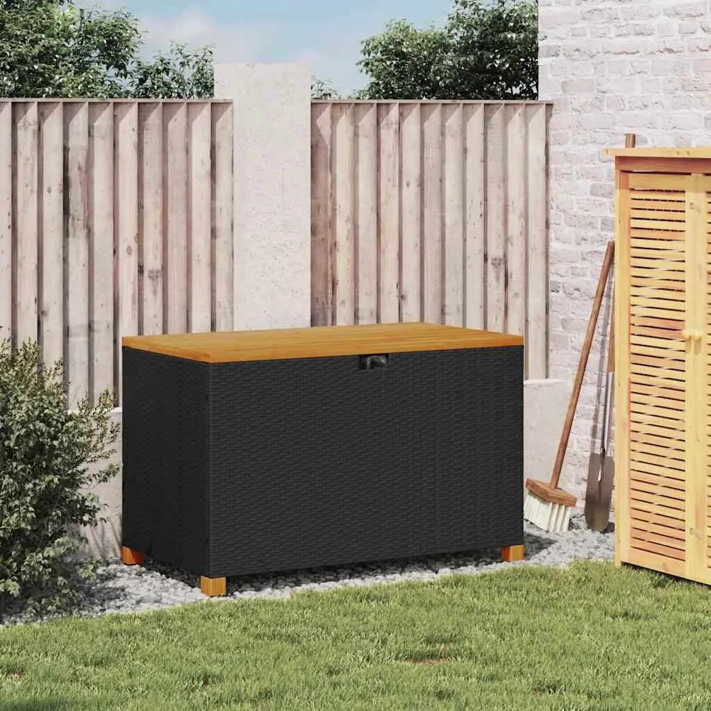 Garden Storage Box Outdoor Bench Black Poly Rattan Acacia Wood Seat Patio