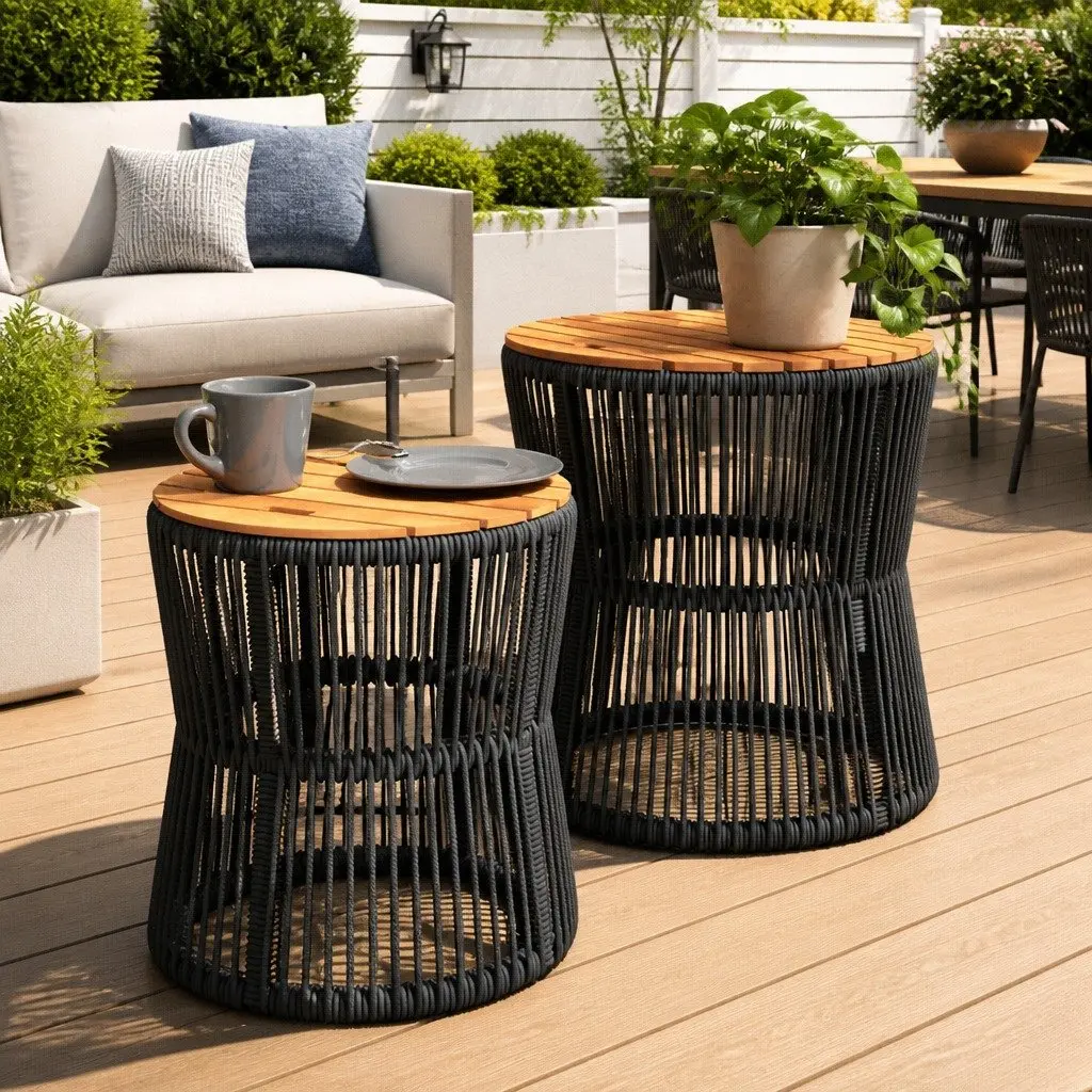 Garden Side Tables Grey Poly Rattan Acacia Wood Top Set of 2