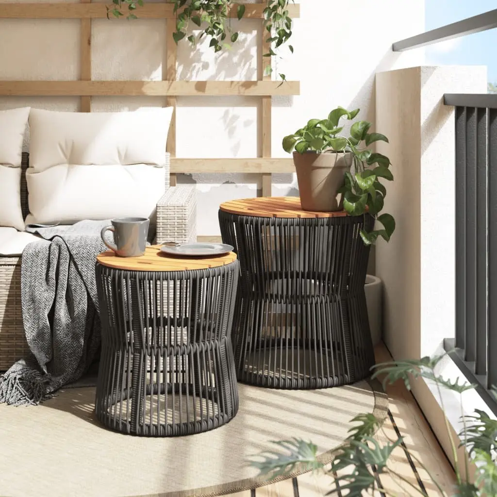 Garden Side Tables Grey Poly Rattan Acacia Wood Top Set of 2
