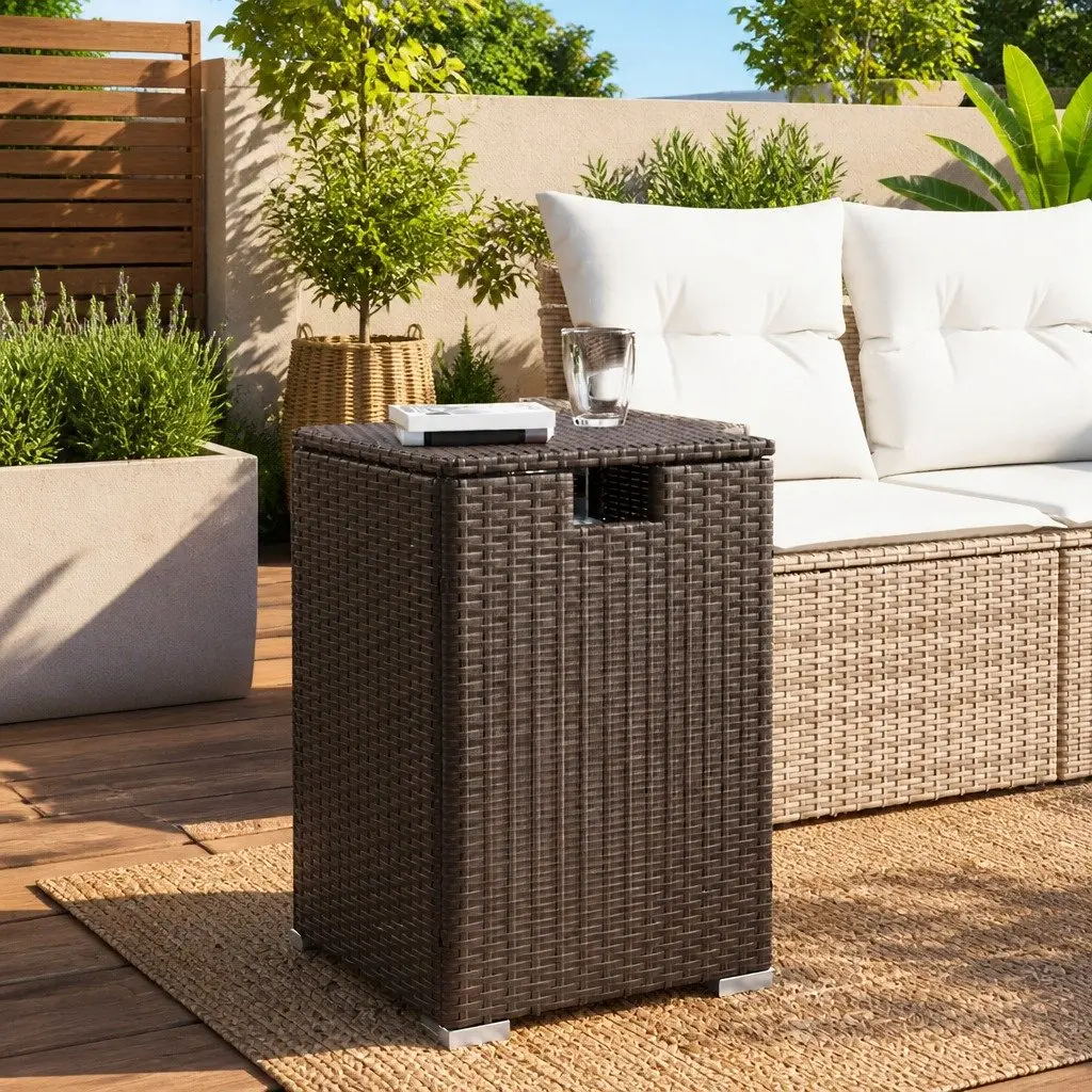 Propane Tank Cover Table Brown Poly Rattan 40x40x60cm Outdoor Storage Side