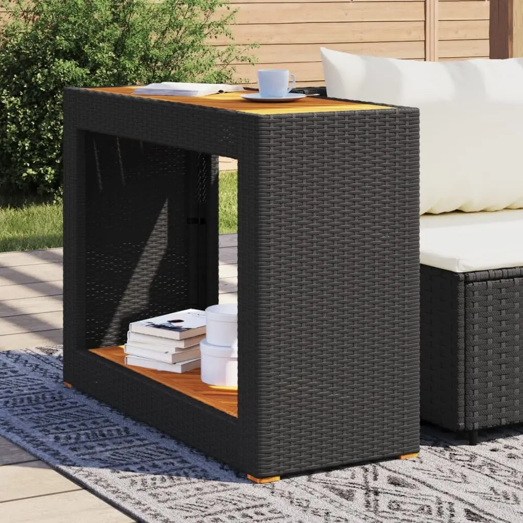 Garden Side Table Poly Rattan Black Outdoor Patio Coffee Table with Acacia Wood Top 100 x 40 x 75 cm