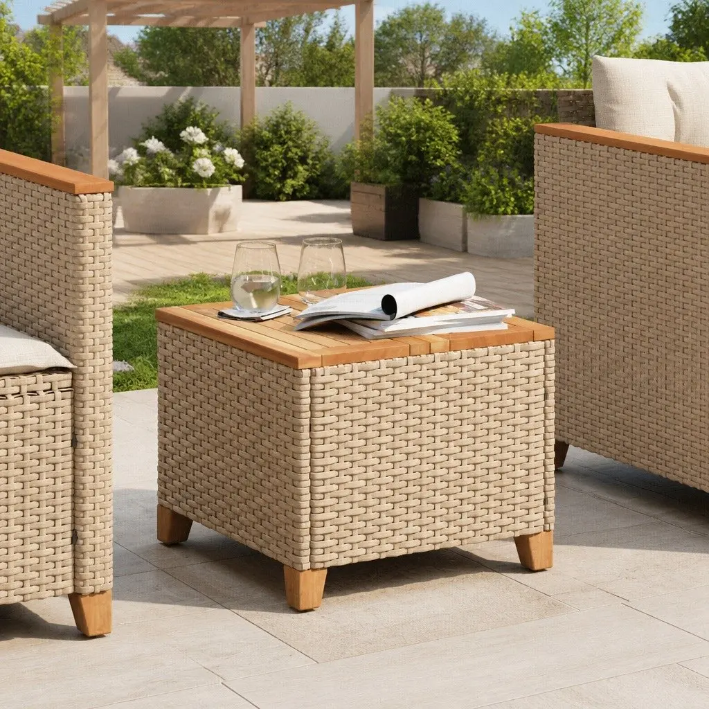 Garden Table Beige Acacia Wood Top 45x45x37cm Outdoor Furniture PE Rattan