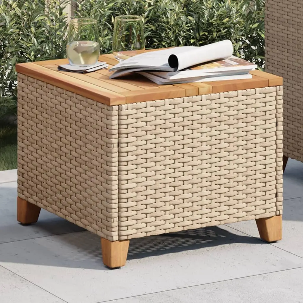 Garden Table Beige Acacia Wood Top 45x45x37cm Outdoor Furniture PE Rattan