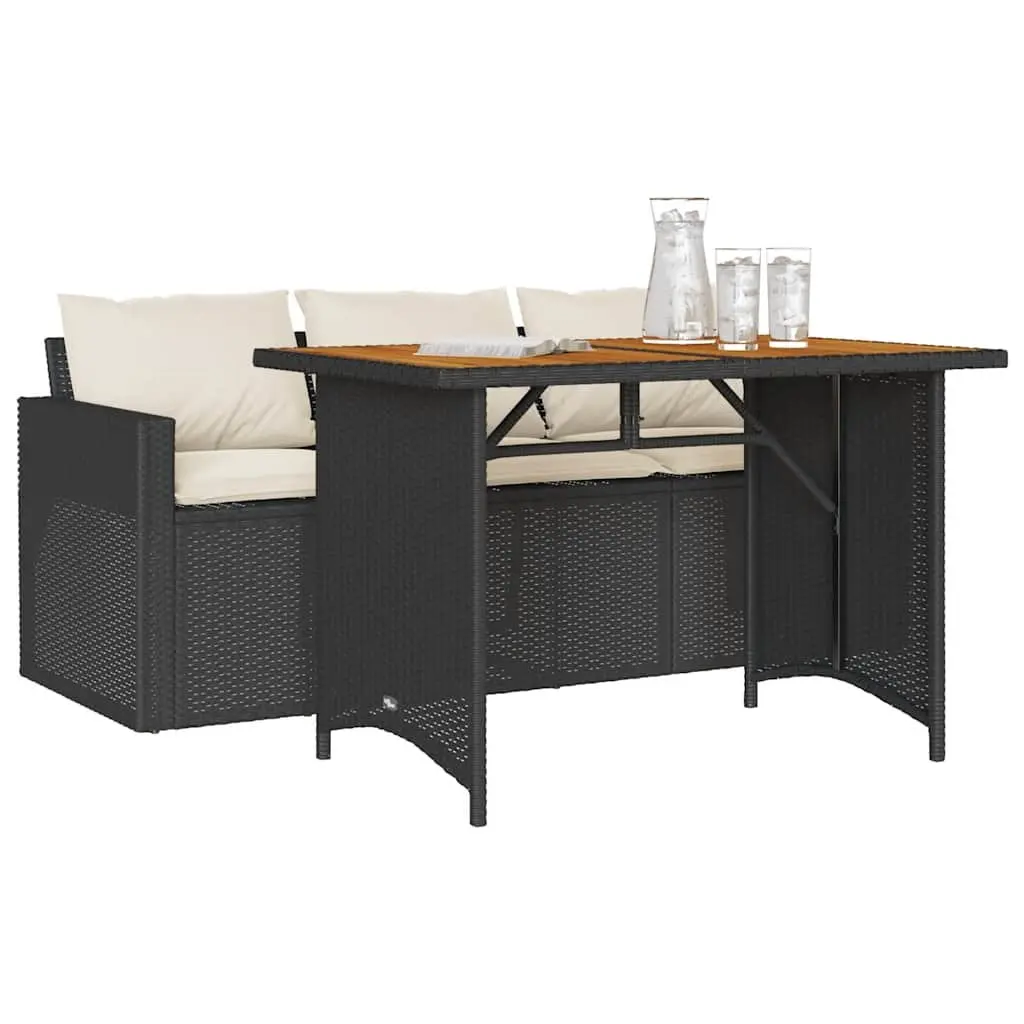 Outdoor Furniture Set Black Poly Rattan Cushioned Chairs Acacia Wood Table 2 Piece