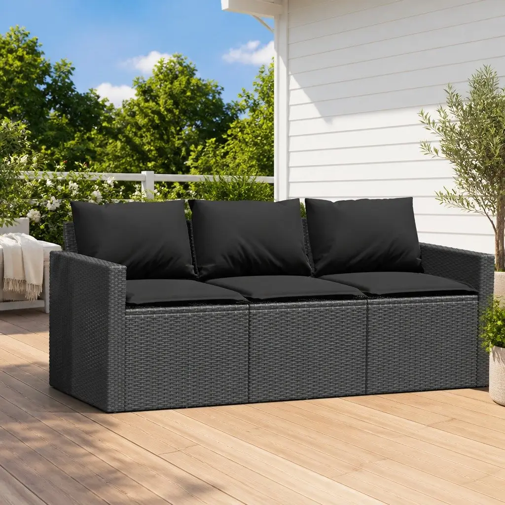 3-Seater Garden Sofa Black Poly Rattan with Cushions