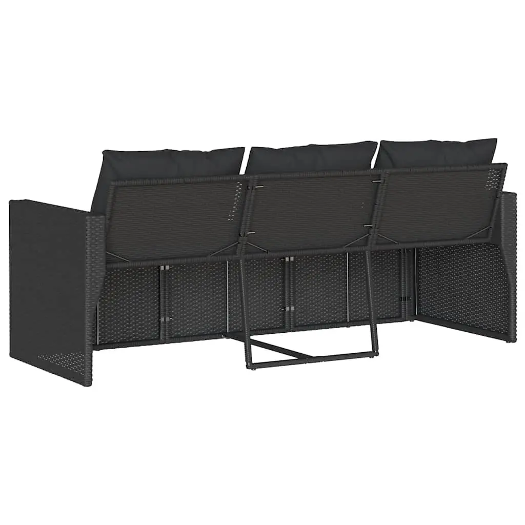 3-Seater Garden Sofa Black Poly Rattan with Cushions