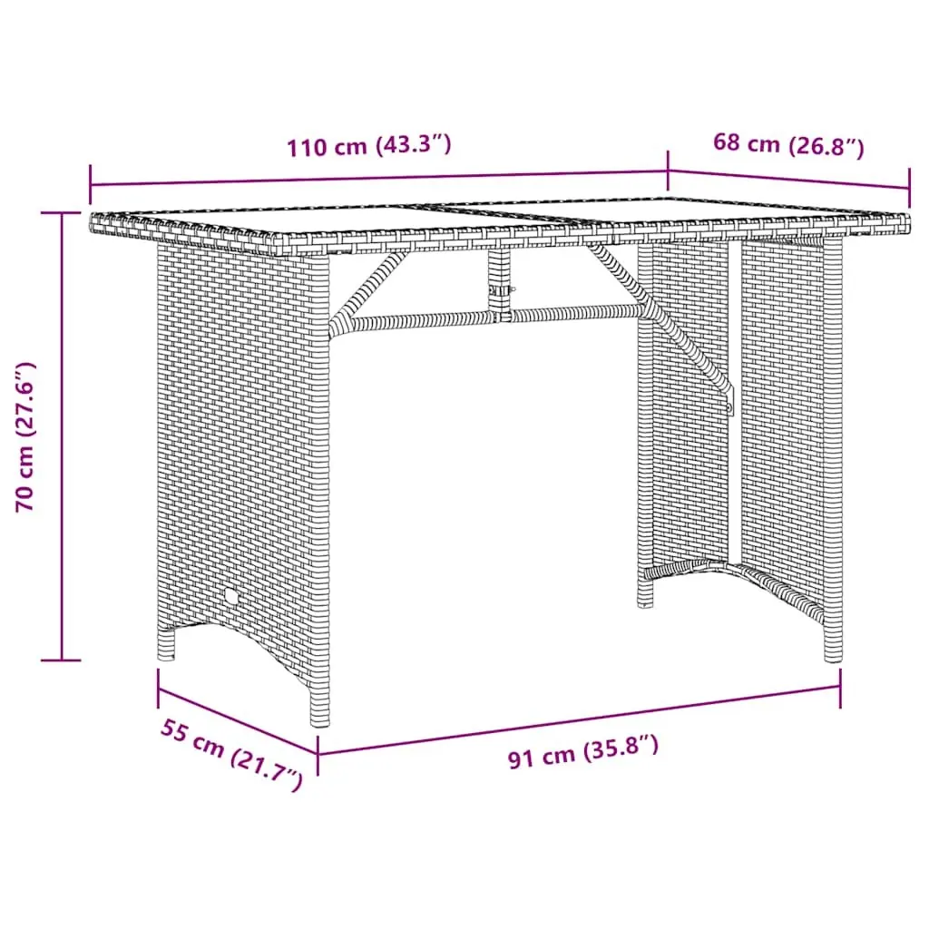 Garden Table Black Poly Rattan Glass Top 110x68x70cm
