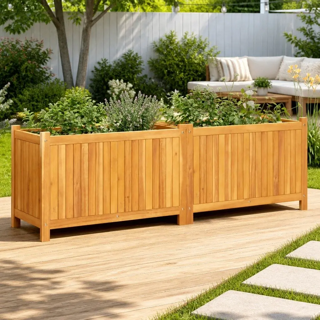 Garden Planter Box Wooden Raised Bed Acacia Wood Liner Brown 153 x 38.5 x 50 cm Outdoor Patio Deck
