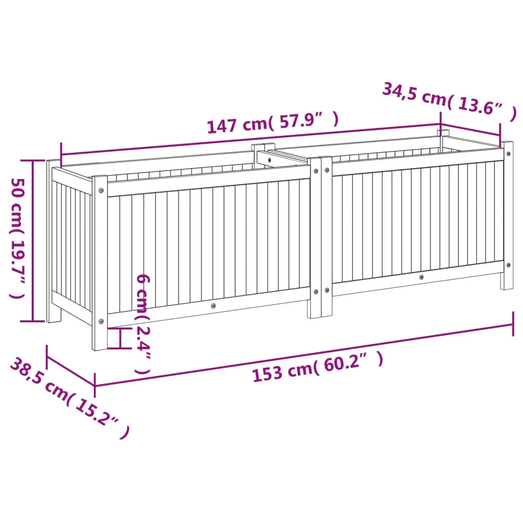 Garden Planter Box Wooden Raised Bed Acacia Wood Liner Brown 153 x 38.5 x 50 cm Outdoor Patio Deck