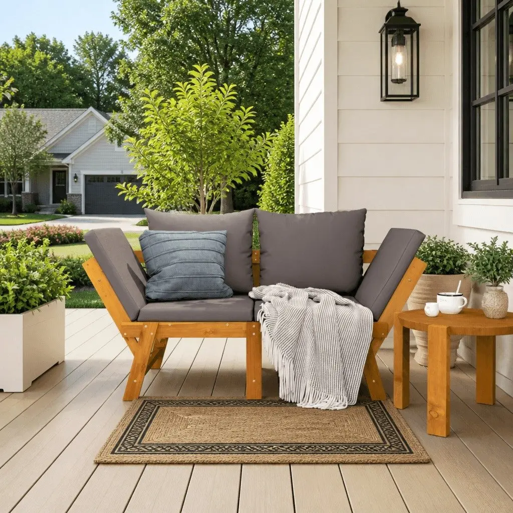 Garden Bench 2-in-1 Convertible Day Bed Acacia Wood Outdoor Seat with Cushions