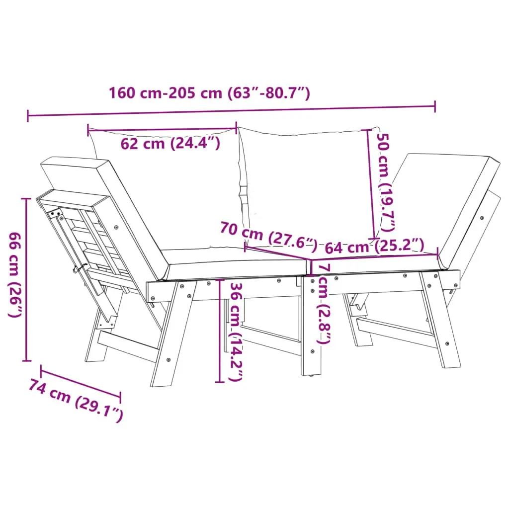 Garden Bench 2-in-1 Convertible Day Bed Acacia Wood Outdoor Seat with Cushions