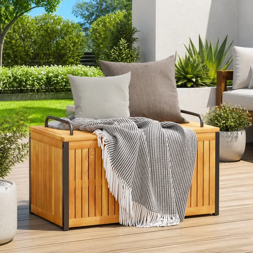 Cushion Storage Box Wooden Acacia Frame with Steel Handle 85x45x45/53 cm