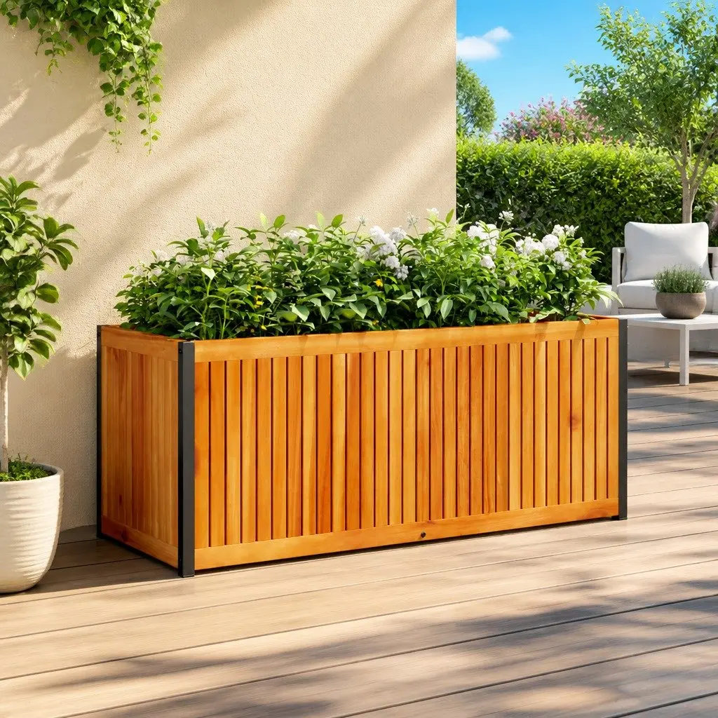 Garden Planter Box Wooden Acacia Steel Frame 110x45x44cm