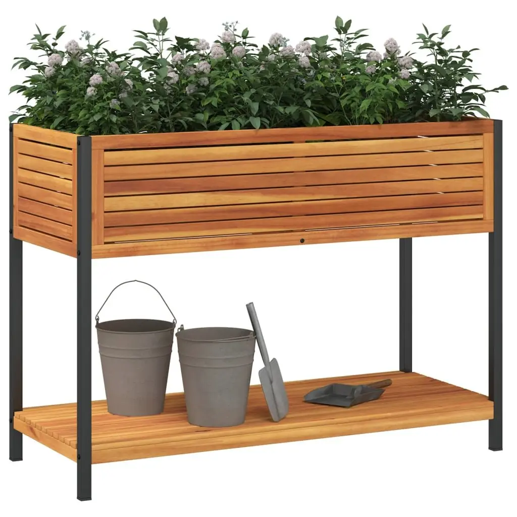 Garden Planter with Shelf 110x45x80 cm Wooden Acacia Steel Frame Patio Deck
