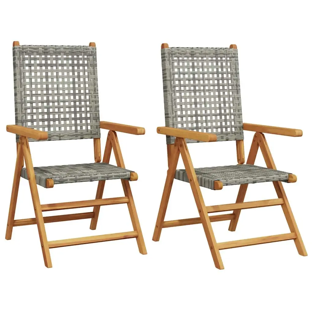 Outdoor Garden Chairs 2pc Grey Acacia Wood PE Rattan Folding Reclining Seating