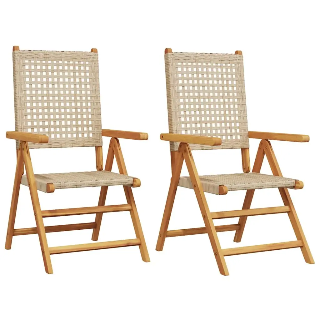 Outdoor Garden Chairs 2 pcs Beige Acacia Wood PE Rattan Reclining Folding