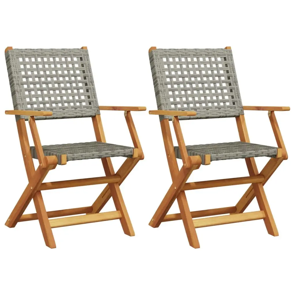 Outdoor Garden Chairs 2 pcs Foldable Grey Acacia Wood Poly Rattan Patio Seating