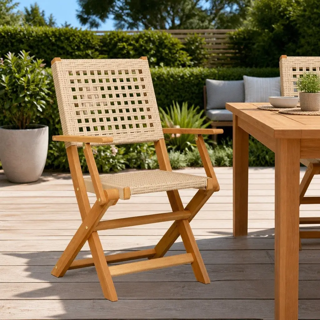 Outdoor Chairs 2 pcs Beige Foldable Garden Seating Acacia Wood Poly Rattan