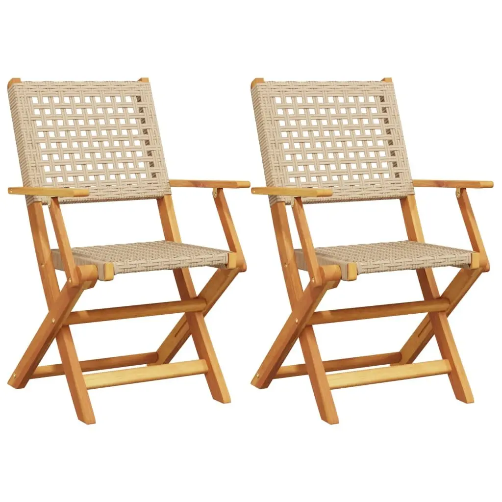 Outdoor Chairs 2 pcs Beige Foldable Garden Seating Acacia Wood Poly Rattan