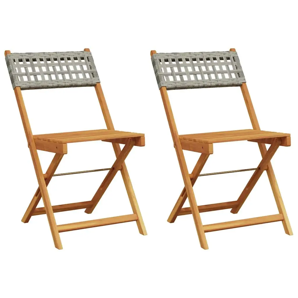 Bistro Chairs Grey Folding Acacia Wood Rattan 2 Piece