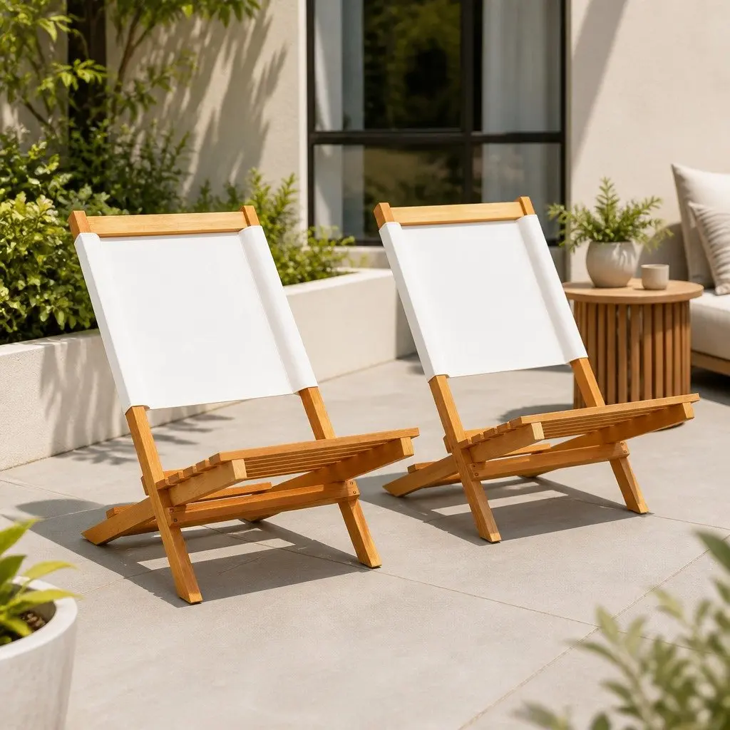 Outdoor Garden Chairs Folding Backrest 2 pcs White Acacia Wood Fabric