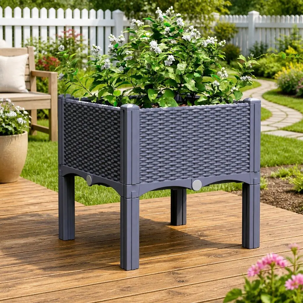 Garden Planter Box Grey Rattan Look Outdoor Patio Raised Plant Pot 40 x 40 x 42 cm