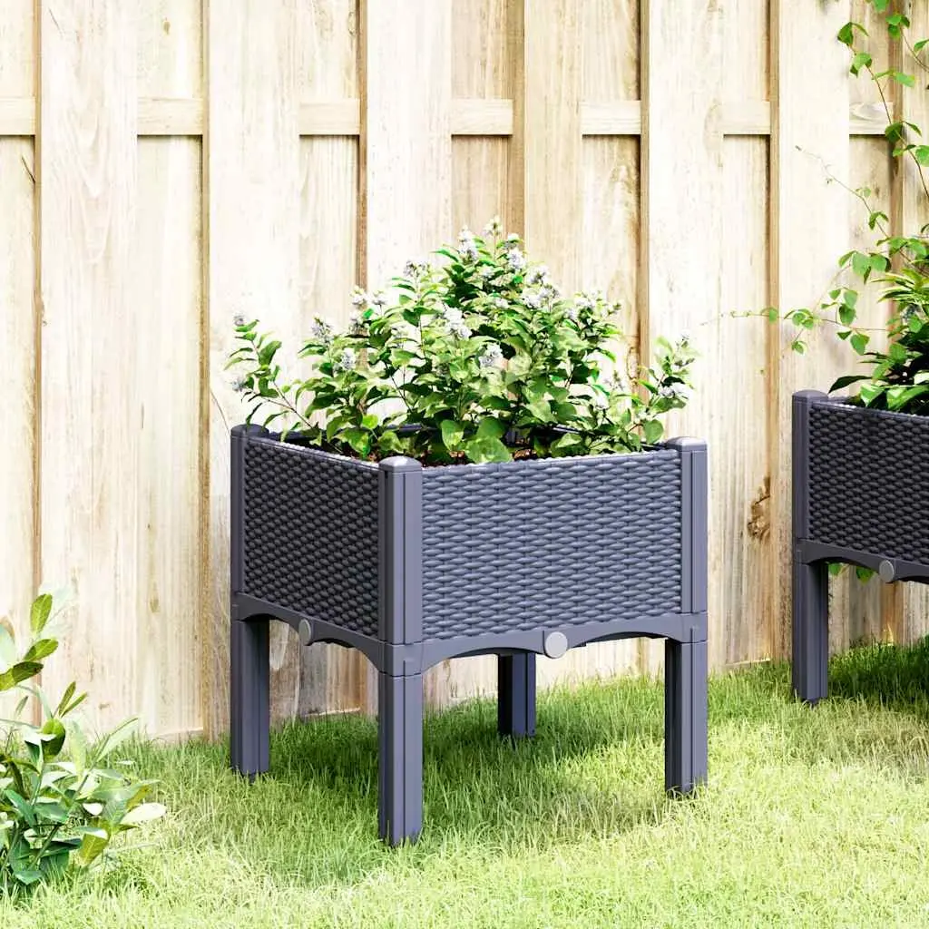 Garden Planter Box Grey Rattan Look Outdoor Patio Raised Plant Pot 40 x 40 x 42 cm