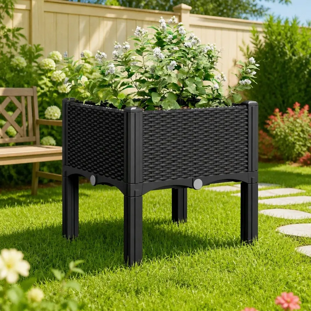 Garden Planter Box Elevated Rattan Black 40x40x42cm