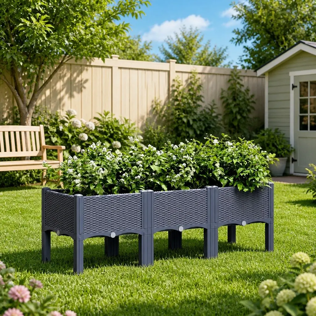 Garden Planter Box Elevated Legs Rattan Look Grey 120 x 40 x 42 cm