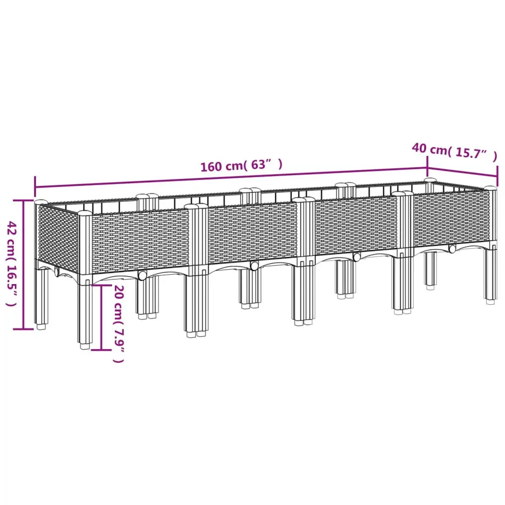 Garden Planter with Legs Black 160x40x42cm Raised Rattan Look Polypropylene Outdoor