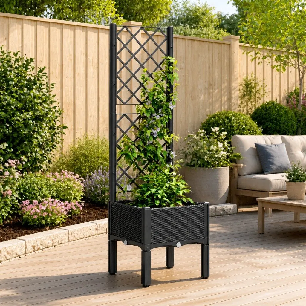 Garden Planter with Trellis Elevated Black 40x40x142cm Outdoor Climbing Plants Support