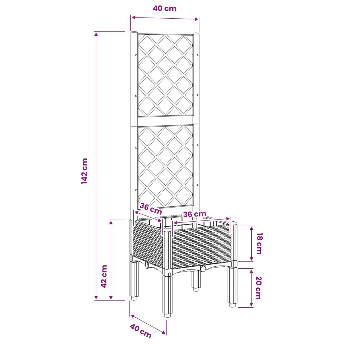 Garden Planter with Trellis Elevated Black 40x40x142cm Outdoor Climbing Plants Support
