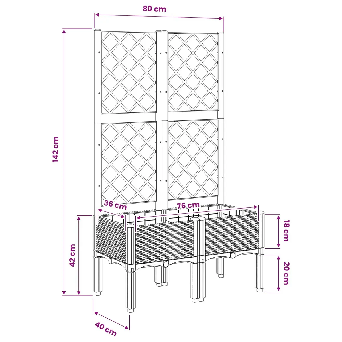 Garden Planter with Trellis Black 80x40x142cm