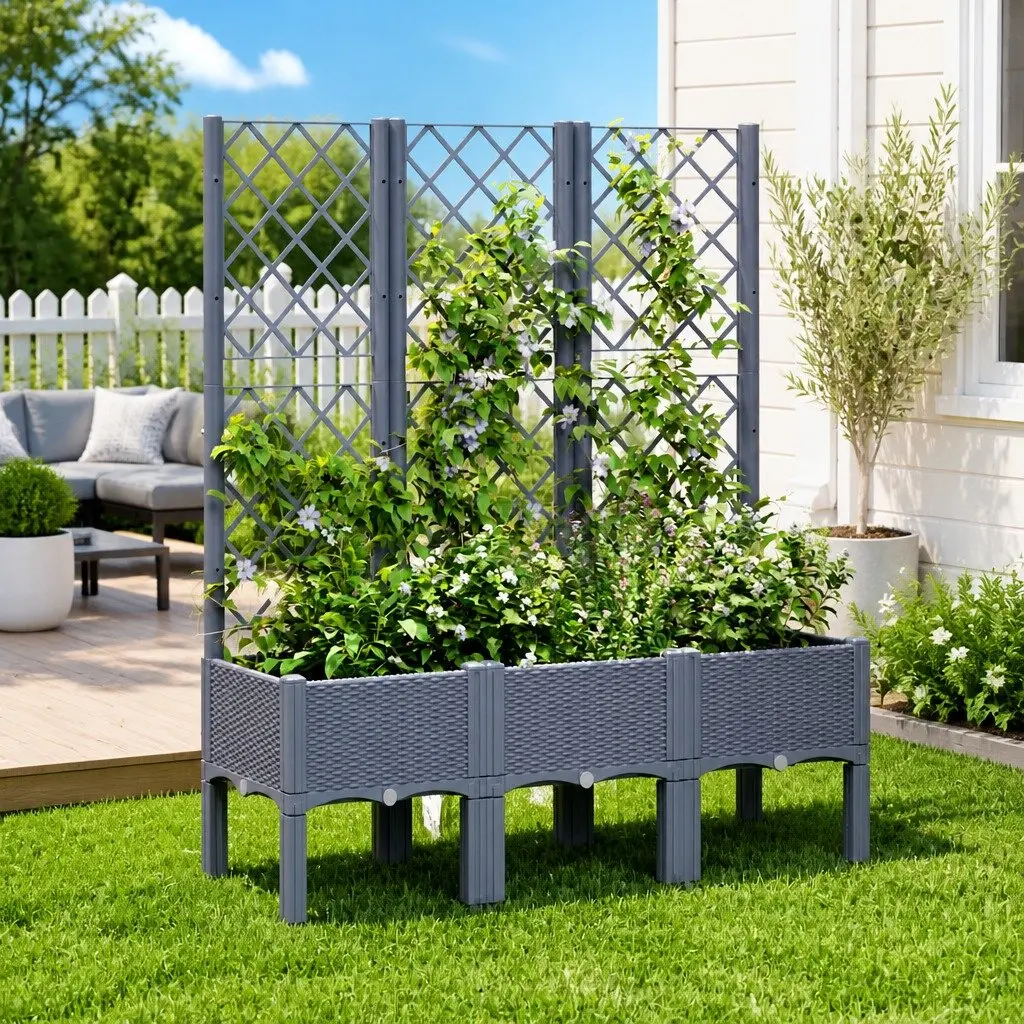 Garden Planter with Trellis Support Grey 120 x 40 x 142 cm