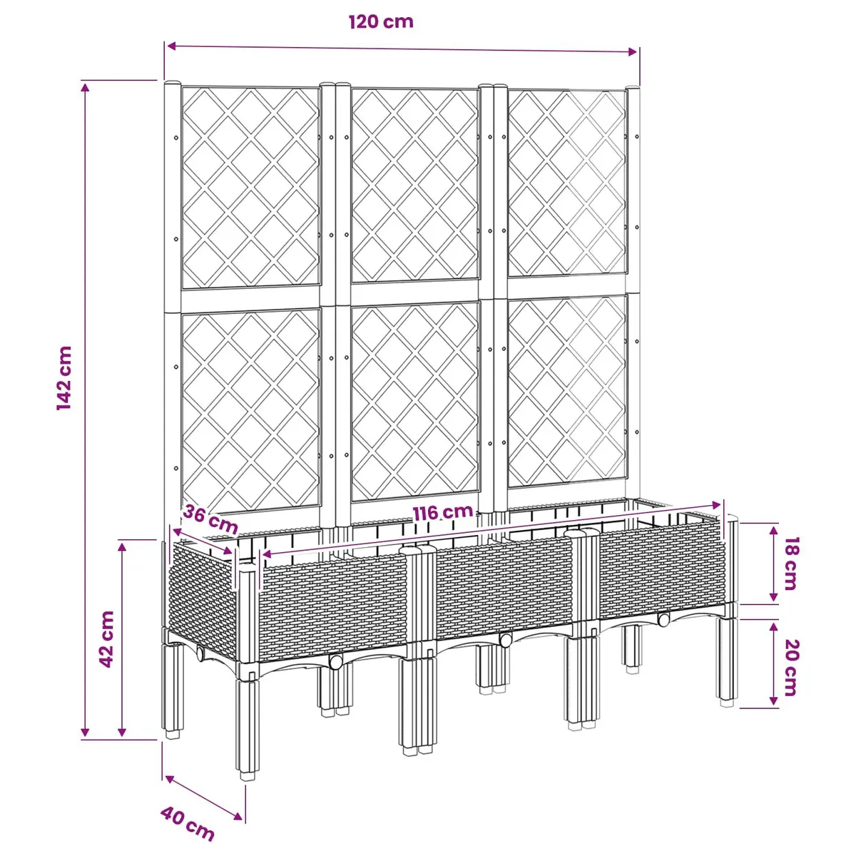 Garden Planter with Trellis Support Grey 120 x 40 x 142 cm