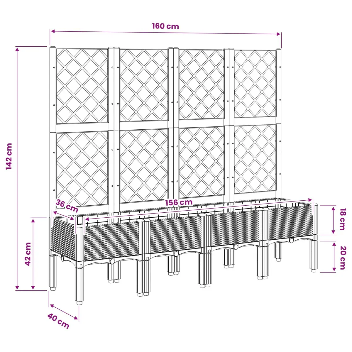 Outdoor Planter with Trellis Support Black 160x40x142cm