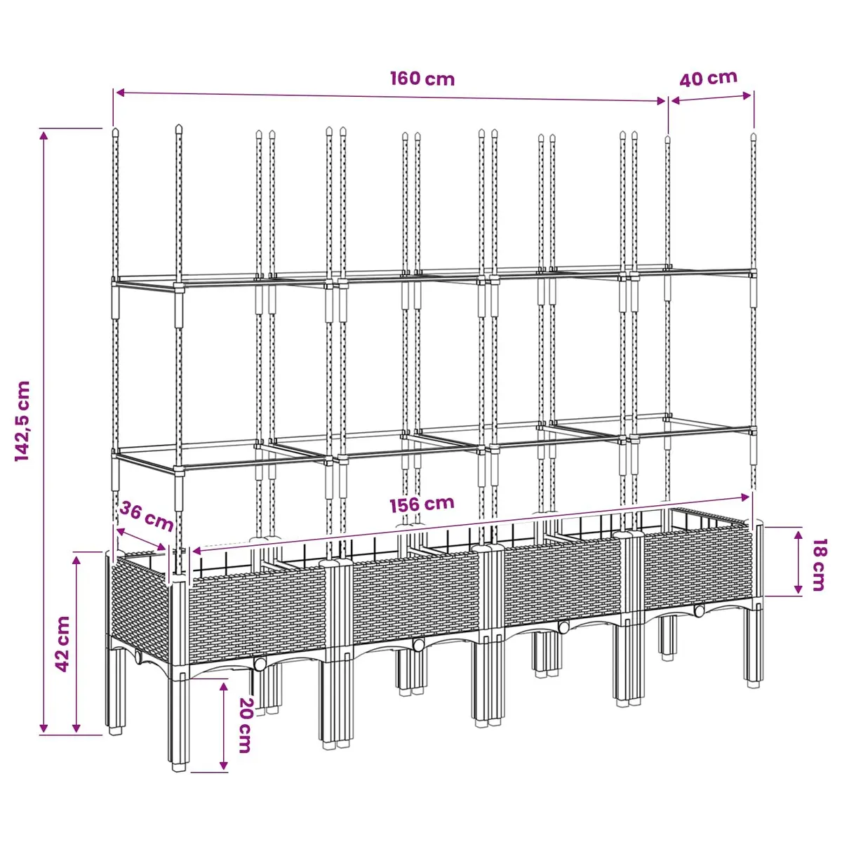 Garden Planter with Integrated Trellis Support for Climbing Plants Grey 160 x 40 x 142.5 cm