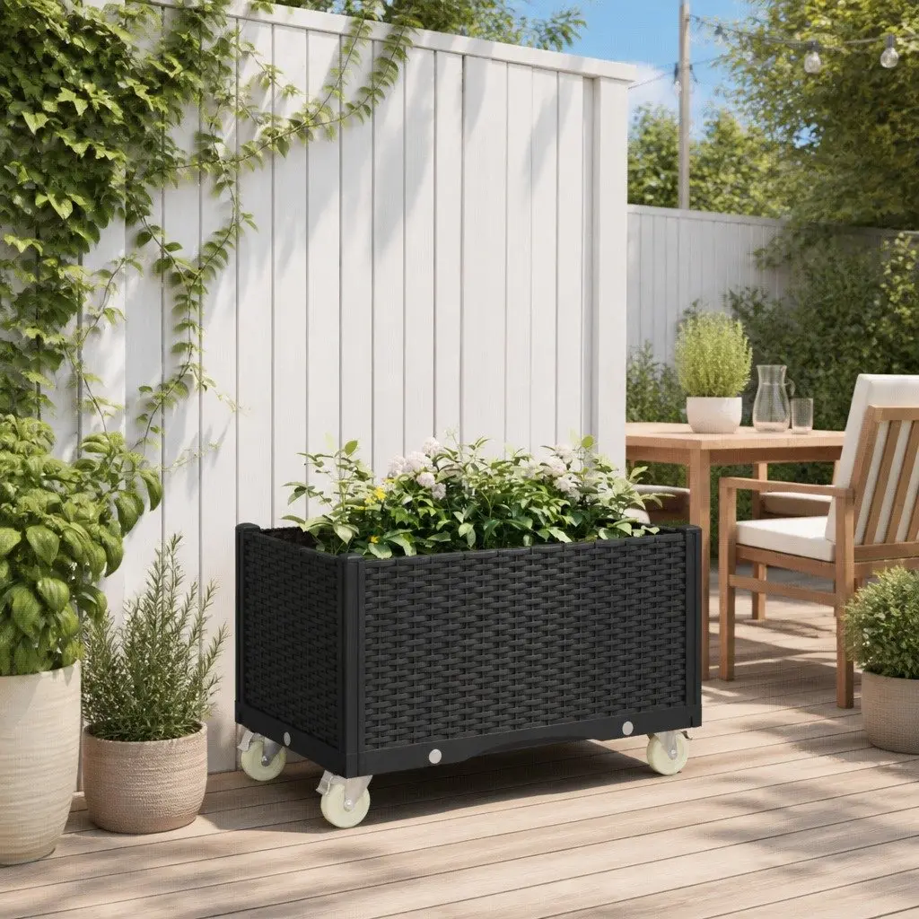 Garden Planter with Wheels Rattan Look Black 80 x 50 x 54 cm
