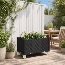 Garden Planter with Wheels Black Outdoor Patio Rattan Look Climbing Plants Box