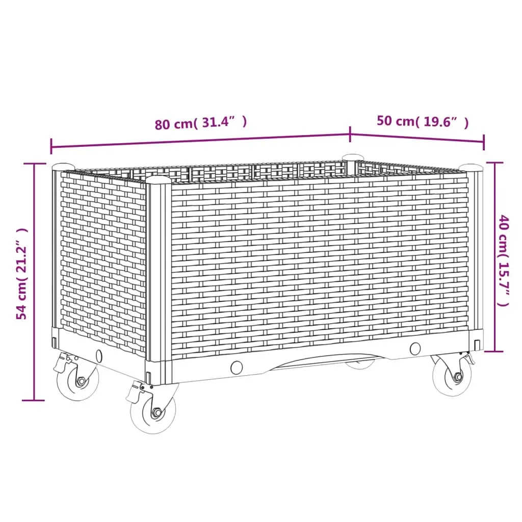 Garden Planter with Wheels Rattan Look Black 80 x 50 x 54 cm