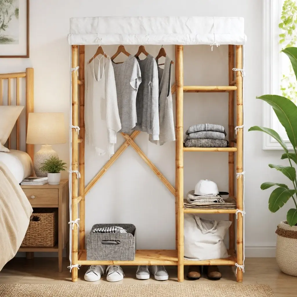 Bamboo Clothes Organiser Storage Cabinet 110x45x170cm with 4 Shelves and Breathable Fabric Cover Brown