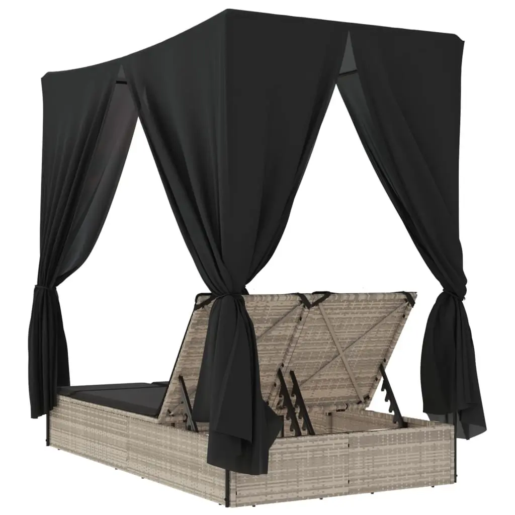 Double Sun Lounger Adjustable Backrest Roof Curtains Grey