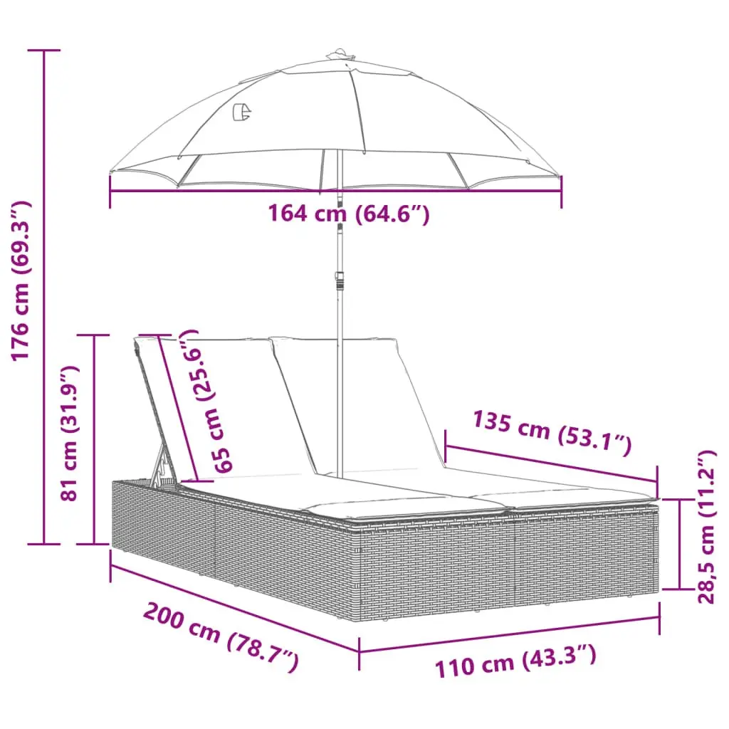 Double Sun Lounger with Parasol Adjustable Backrest Outdoor Seating Beige