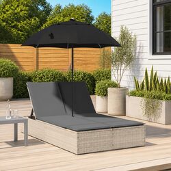 Double Sun Lounger Outdoor Garden Furniture with Cushions Parasol Grey Rattan