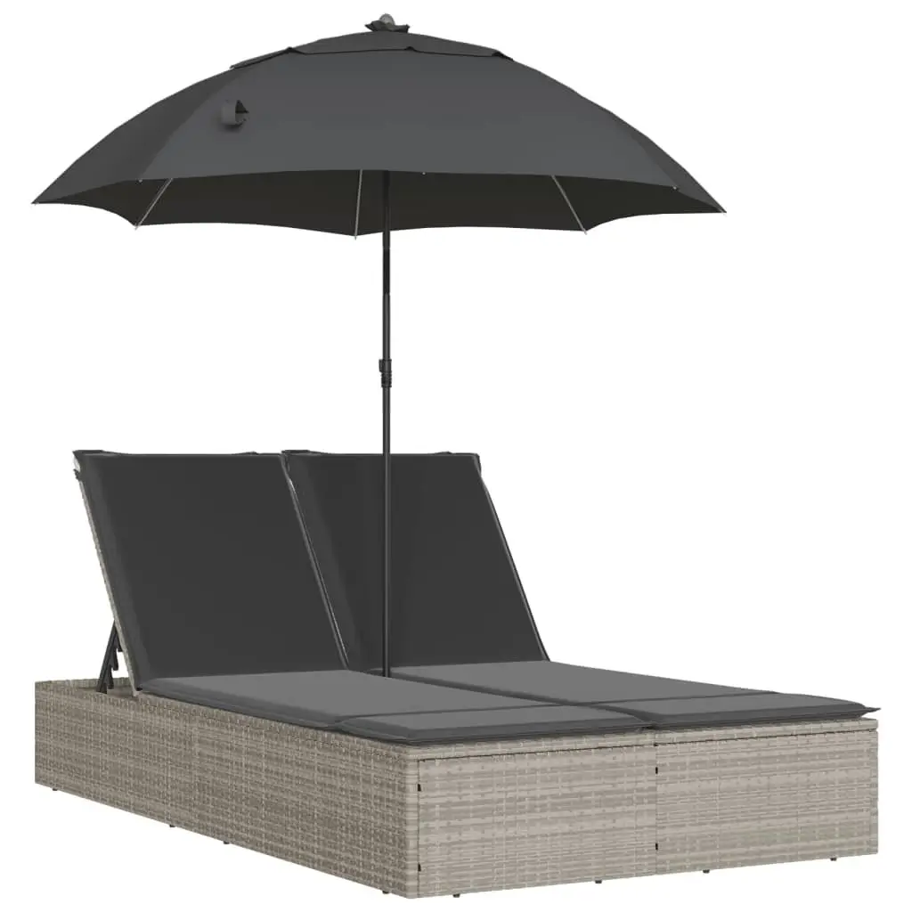 Double Sun Lounger Adjustable Backrest with Parasol Grey Rattan